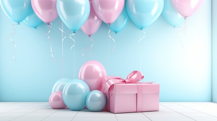 Gift box with pastel color balloons on isolated studio background.