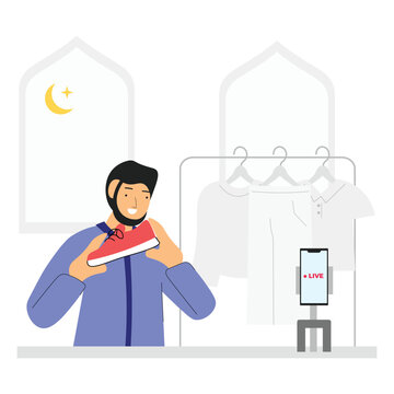 a host man doing live sale for online shopping live selling on social media concept flat illustration