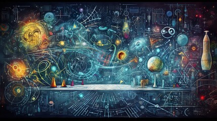 Digital seamless mathematical formulas. Abstract digital futuristic background with math, physics symbols and mesh network grid. 3D illustration in 4K science concept