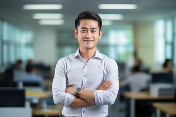 Fototapeta premium Confident Businessman in a Modern Office, Posing with Arms Crossed