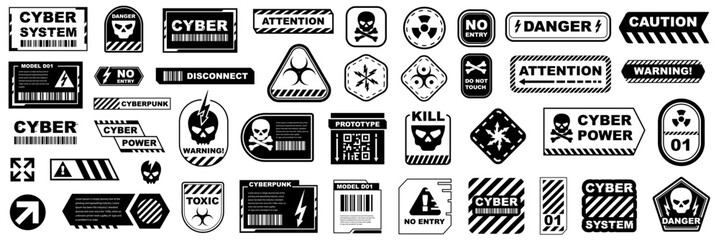 Cyberpunk stickers. Danger warning label, futuristic warning sign.