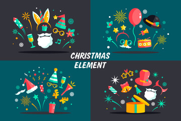 Christmas elements set Santa character, Christmas and New Year decor, balls, snowflakes, minimalist shapes. Vector illustration