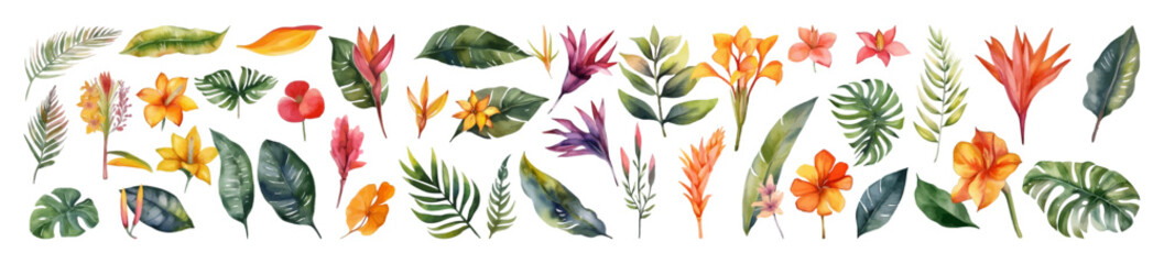 Watercolor tropical plants. Flower vector illustration. Jungle leaf collection.