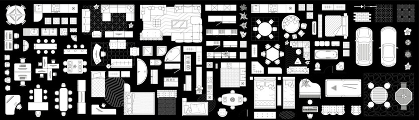 Set of linear icons. Interior top view. Vector Illustration. Floor plan icons set for design interior and architectural project - obrazy, fototapety, plakaty