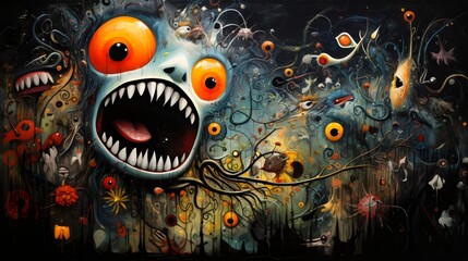 Surreal Monsterscape with Vibrant Eyes and Twisting Forms