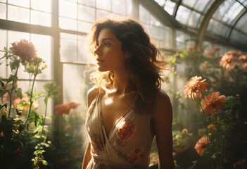 Side shot of a brunette woman in flowery v neck dress standing in greenhouse surround by flowers sun beams shining overexposure, vibrant, pastel, mist, light-pink and light-yellow and dark-blue  - obrazy, fototapety, plakaty