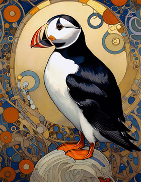 Decorative art nouveau illustration of a puffin in an ornate floral nature background