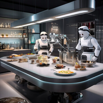 Futuristic kitchen with AI-powered robotic chefs creating a pancake masterpiece