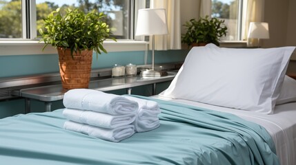 Hospital-grade clean bed linens and clothes prepared for healthcare facilities.