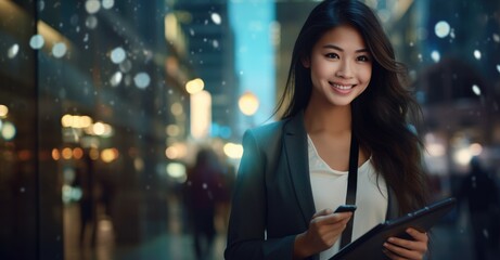 Obraz premium The Digital Connection: A Woman Embracing Technology Through a Window