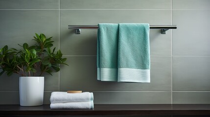 A single towel hanging on a rack in the bathroom. - obrazy, fototapety, plakaty