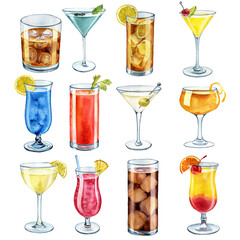watercolor drawing set of glasses with cocktails drinks at white background,hand drawn illustration