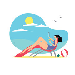 flat illustration of a girl in the summer holiday at the beach