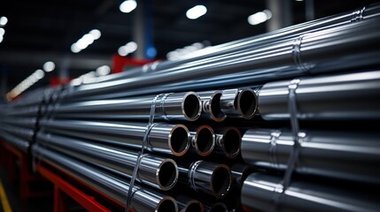 Steel tubing stored in a factory warehouse. - obrazy, fototapety, plakaty