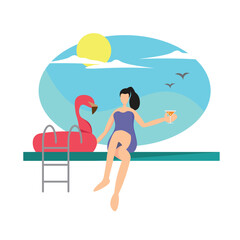 flat illustration of a girl in the summer holiday at the pool