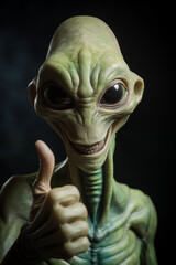 green alien doing thumbs up sign smiling to camera, isolated on black background