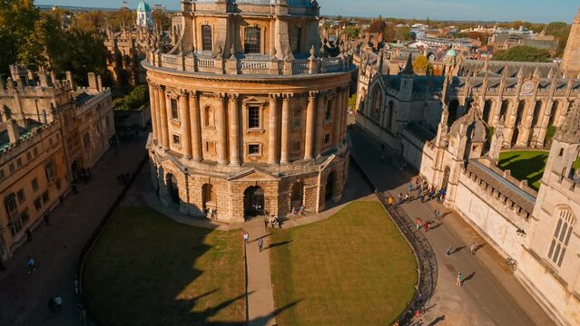 Aerial shot of the University of Oxford, Radcliffe Camera and All Souls College in England, UK. The University of Oxford is the oldest university in the English-speaking world