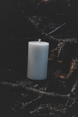 White wax candle on a nature background
