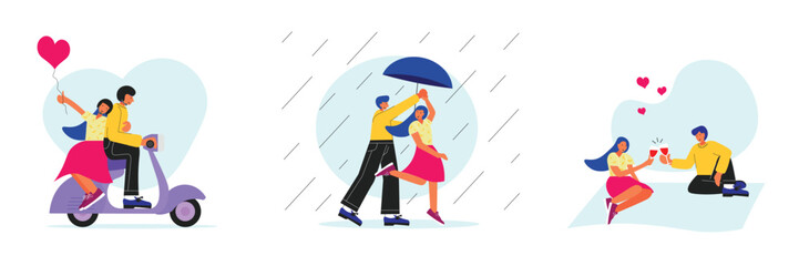 Valentines day flat illustration set. People in romantic relationship. Couple riding a scooter, picnic, dancing