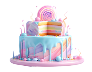 Birthday cake with candles in pink and blue pastel colors  isolated on transparent background