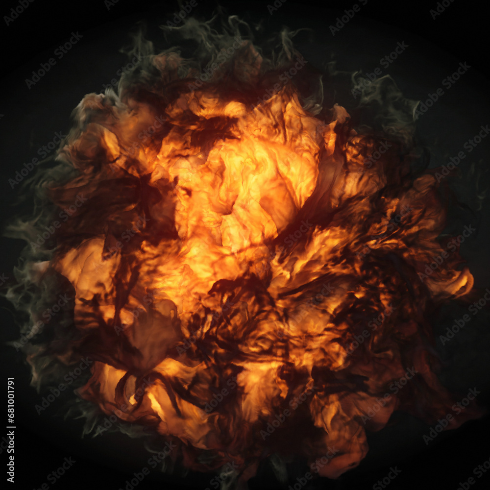 Poster digital illustration of orange flame flow with swirls of smoke around it. 3d rendering