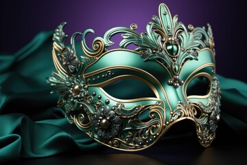 Green Mardi Gras carnival mask on purple background