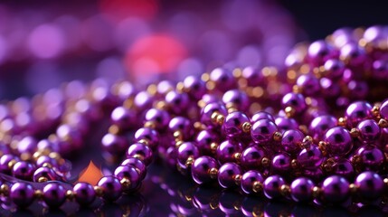 Banner with lilac and gold Mardi Gras beads and place for text - obrazy, fototapety, plakaty