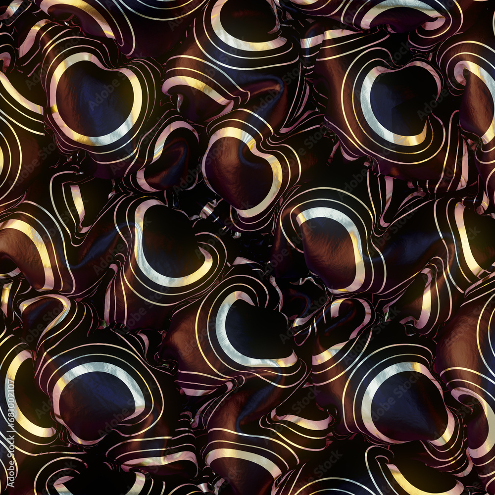 Fototapete Close-up of a dynamic pattern of gold circles on inflatable black material. 3d rendering illustration