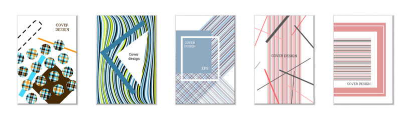 Geometric cover design, set of 5 covers. Abstract unusual background in Memphis style. Bright geometric shapes in random order