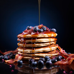 Studio close-up shot of blueberry pancakes with maple syrup and bacon isolated on modern dark blue background in celebration of Shrove Tuesday, Pancake Day, Mardi Gras - obrazy, fototapety, plakaty