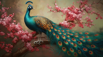 Watercolor painting of a bird on a tree branch. Beautiful peacock - Generative AI