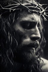 Jesus Christ wearing Crown of thorns. Crucifixion of our lord. Ai generative