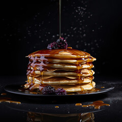Studio close-up shot of blueberry pancakes on plate with maple syrup isolated on modern dark background in celebration of Shrove Tuesday, Pancake Day, Mardi Gras