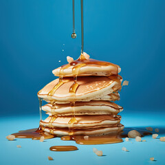 Studio close-up shot of pancakes with maple syrup and flakes isolated on modern light blue background in celebration of Shrove Tuesday, Pancake Day, Mardi Gras - obrazy, fototapety, plakaty