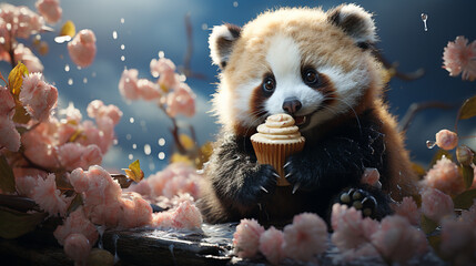 Cute panda eating ice cream. generative ai