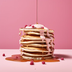 Studio close-up shot of pancakes with syrup isolated on modern pink background in celebration of Shrove Tuesday, Pancake Day, Mardi Gras - obrazy, fototapety, plakaty