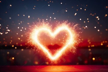 A heart shaped sparkling fireworks on the sky showing love and romance