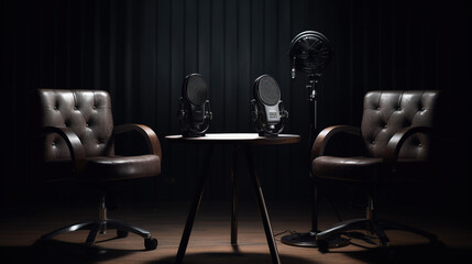 Podcast or interview show set, where two chairs and microphones take center stage against a dark, elegant background - Generative AI