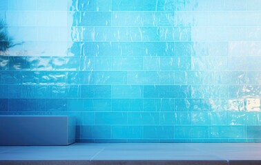 A Serene Oasis: A Blue-Tiled Wall with a Cozy Bench in Front