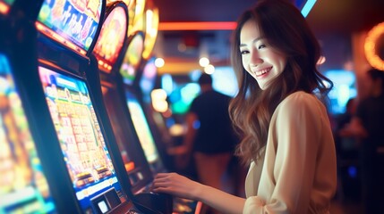Happy young woman smiling near slot machines in a casino - obrazy, fototapety, plakaty