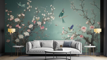 Living room interior with white sofa Chinoiserie parrot with a palm tree in a tropical setting in classic painting style - Generative AI