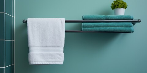 A single towel hanging on a rack in the bathroom. - obrazy, fototapety, plakaty