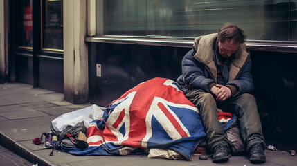 A homeless man sleeps sitting on the street of a European city, covering his belongings with a blanket in the colors of the flag of Great Britain. The concept of extreme need and poverty. Close-up. - obrazy, fototapety, plakaty