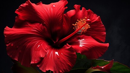 An up-close shot of a blooming, deep red hibiscus.