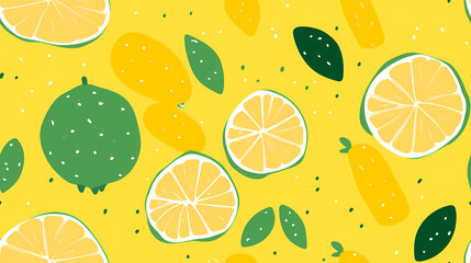 Minimalistischer Risograph-Druck mit Zitronen auf gelbem Hintergrund, nahtloses Muster