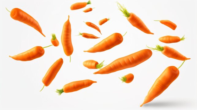 Falling carrots isolated on transparent background. Flying whole and sliced vegetable with blurry effect. Can be used for advertising, packaging, banner, poster, print.