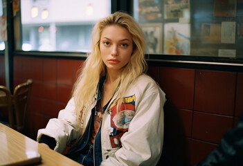 A Caucasian blonde teenager woman in streetwear outfit sit in restaurant, 1990s style  washed colors, vibrant, analog