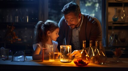 father and daughter doing science - obrazy, fototapety, plakaty