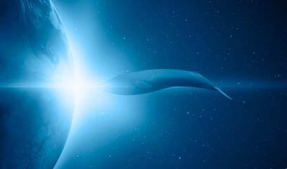 World oceans day concept with whale with supernova expl. - Planet earth underwater with a beautiful...