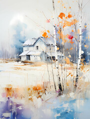 A Painting Of A House In A Snowy Field - Abstract rural landscape with small